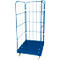 Blue roll cage with grid structure and four wheels. Open door on the right.