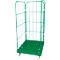 Green roll container with four white wheels, grid structure and curved bars.