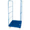 Blue mesh cart on wheels, detailed view.