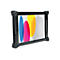 Étui de tablette noir avec écran de tablette. Couleurs de l'écran : bleu, rose, jaune, blanc. L'étui est anguleux et possède une boucle.
