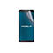 Smartphone mit teilweise abgezogener Displayschutzfolie, Markenlogo Mobilis Care & Carry auf blauem Hintergrund.