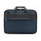 Dunkelblaue Aktentasche mit schwarzem Lederband, Tragegriff und Logo.