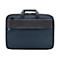 Dunkelblaue Aktentasche mit schwarzem Leder-Akzent, Griff und Schulterriemen-Befestigung.