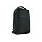 Schwarzer Rucksack mit Reißverschluss, Griff und Logo. Vorderseite mit einer kleinen Reißverschlusstasche.