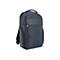 Blauer Rucksack mit schwarzem Griff und schwarzem Lederdetail. Reißverschlüsse und ein kleines blaues Element.