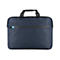 Dunkelblaue Laptoptasche mit schwarzem Griff und Reißverschluss. Auf der Fronttasche befindet sich ein hellblaues Detail.