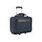 Dunkelblauer Trolley mit schwarzem Griff und schwarzer Fronttasche. Auf weißem Hintergrund.