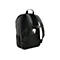 Schwarzer Rucksack, Rückansicht. Details: Polsterung, Schultergurte, Netzstoff-Seitentasche.