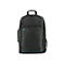 Schwarzer Rucksack mit blauem Akzent. Oben ein Tragegriff, vorn eine Reißverschlusstasche, unten ein blaues Band und das M-Logo.