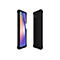 Ein schwarzes Smartphone mit Hülle, links das Display, rechts die Rückseite. Kamera und Logo erkennbar.
