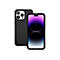 Zwei schwarze iPhones, eines mit Display, das andere mit Rückseite nach oben. Beide haben Hüllen.