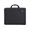 Dunkelgraue Laptoptasche mit Tragegriff und blauen Akzenten. Aufgesetzte Tasche mit blauem Label. Reißverschluss oben.