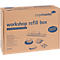 Brown box with Legamaster print and “Workshop Refill Box” lettering, illustration of moderation materials.