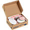 Opened workshop refill box with content. Pink, white and colored papers, pins and stickers. Print "workshop refill box".
