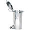 Cylindrical metal trash can with open lid, wheels and handles.