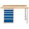 Workbench with wooden top, blue drawers and white frame.