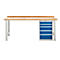 Workbench with light brown wooden top, silver legs and blue drawers.