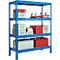 Estantería metálica azul con varias cajas de herramientas y accesorios rojos y plateados.