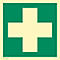 A green square sign with a white cross in the middle, a sign for first aid.
