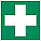 Square green sign with a white cross in the middle.