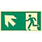 moedel Hinweisschild „Notausgang links schräg oben“, EN ISO 7010, Leuchtklasse C, 160 mcd/m², bis 14,8 m, selbstklebend, L 148 x B 297 mm, Folie, grün