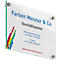 Panneau d'entreprise en verre avec texte bleu "Farben Meister & Co", horaires et site web.