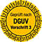 Gelber Aufkleber mit Zahlen, Schriftzug 'Geprüft nach DGUV Vorschrift 3'.