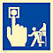 Panneau bleu : une main appuie sur un bouton, une silhouette court vers la porte. Sortie de secours.