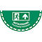 Groen nooduitgangsbord met wit pictogram: persoon rent door deur, pijl omhoog. Tekst: NOODUITGANG, houd vluchtweg vrij.