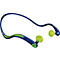 Écouteurs de sport bleus avec des bouchons d'oreille verts et des accents verts. Le tour de cou est courbé et porte l'inscription 'iLuv'.