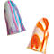 Two earplugs, one in blue, pink, and white, the other in orange and yellow, both in the shape of cones.