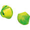 Two yellow-green earplugs with a wavy shape and a hole. One is intact, the other cut.