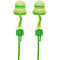Deux bouchons d'oreilles verts avec des embouts en forme de champignon sur fond blanc.