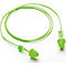 Bouchons d'oreille vert clair avec cordon sur fond blanc.