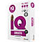 Witte papierverpakking met paarse letters. Gedrukt zijn 'IQ', 'SMOOTH', 'THE PRESTIGE PAPER' en logo's.