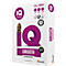 Een pak wit papier, merk IQ. Met paarse accenten, logo, belettering en certificeringen.
