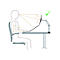 Illustration einer korrekten Sitzhaltung am Schreibtisch mit Laptop-Halterung. Winkel des Arms, Blickrichtung und Laptop-Position werden gezeigt.