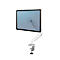 Een witte monitor op een bureau. Het scherm is blauw en bevestigd aan een beweegbare arm. De arm is bevestigd aan een bureauklem.