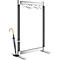 Metal coat rack with hangers and umbrella stand.
