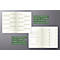An open notebook displays monthly and yearly overviews in different languages. Grey background, green text.