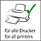 Black and white image of a printer with a green check mark. Below, the words: for all printers.