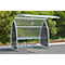 Metal bicycle shelter with transparent roof, against a green background.