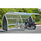 Bicycle shelter with a bike and a scooter. Bright construction, clear overhang.