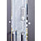 Detailed view of a fence gate with a silver keypad and door handle.