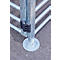 Metal gate with a black locking mechanism, close-up shot.