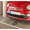 Red Fiat 500 in a parking garage. Front view with license plate, headlights and a vehicle holding system.