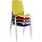 Stacked colorful chairs: yellow, red, gray, blue. Chrome frame, bright background.