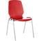 A red chair with a chrome frame. The seat and backrest are made of wood.