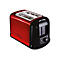 Roter Moulinex Toaster mit zwei Schlitzen und schwarzer Bedienfront vor weißem Hintergrund.