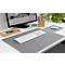 Grey desk set: keyboard, mousepad, pen holder, monitor, pens, sticky notes, and plant. Text on monitor.